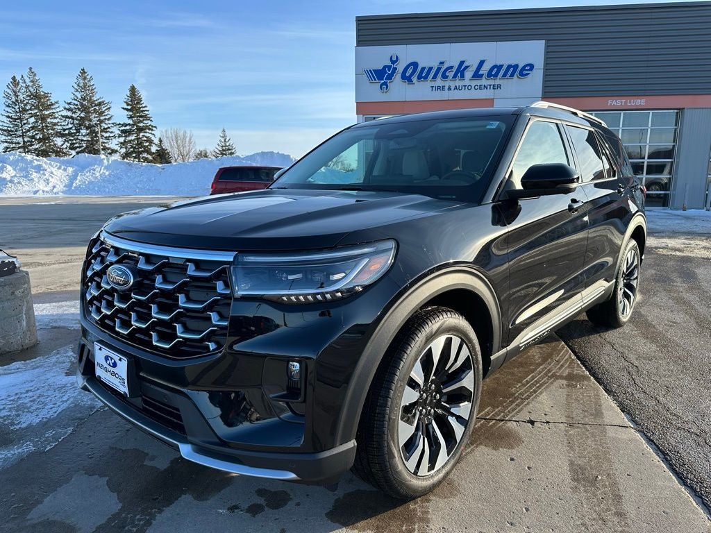 2026 Ford Explorer Platinum in Agate Black Metallic — front three-quarter view