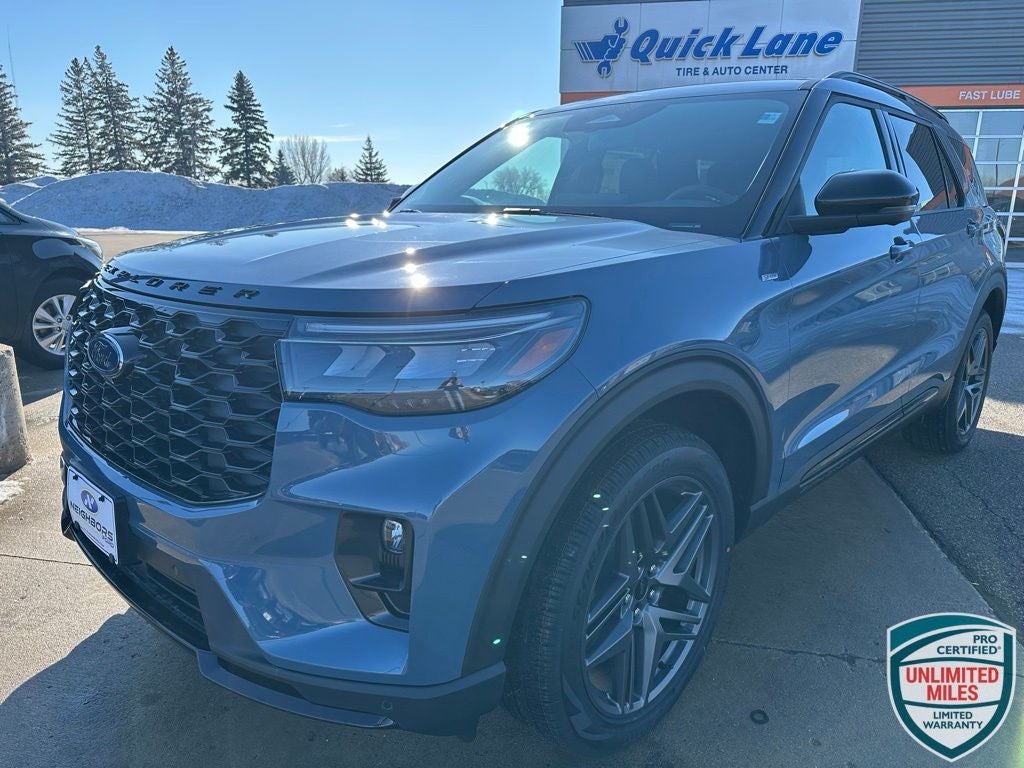 2026 Ford Explorer ST-Line in Vapor Blue Metallic — front three-quarter view