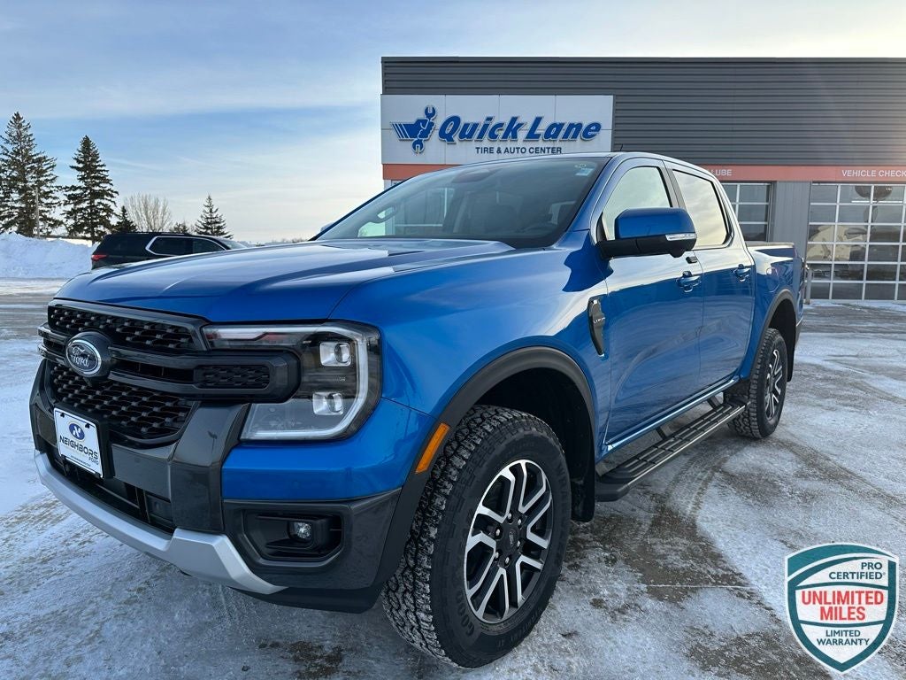2025 Ford Ranger Lariat in Velocity Blue Metallic — front three-quarter view